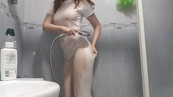 White Shirt And Tights Shower With A Redhead free video
